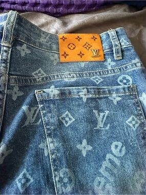 Louis Vuitton X Supreme NY Bleached Monogram Denim Jeans in Blue with Tan Patch